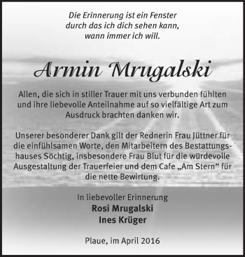 Traueranzeige von Armin Mrugalski von Märkische Oderzeitung