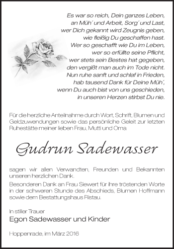 Traueranzeige von Gudrun Sadewasser von Märkische Oderzeitung