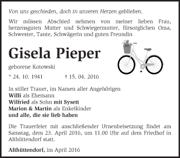 Traueranzeige von Gisela Pieper von Märkische Oderzeitung