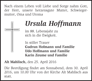 Traueranzeige von Ursula Hoffmann von Märkische Oderzeitung