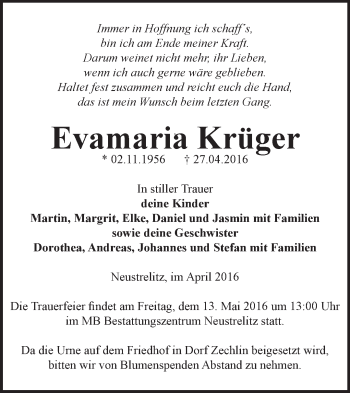 Traueranzeige von Evamaria Krüger von Märkische Oderzeitung