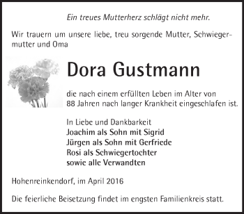 Traueranzeige von Dora Gustmann von Märkische Oderzeitung