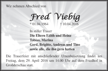 Traueranzeige von Fred Viebig von Märkische Oderzeitung