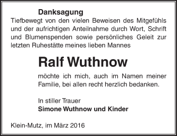 Traueranzeige von Ralf Wuthnow von Märkische Oderzeitung