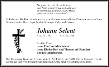 Traueranzeige von Johann Selent von Märkische Oderzeitung