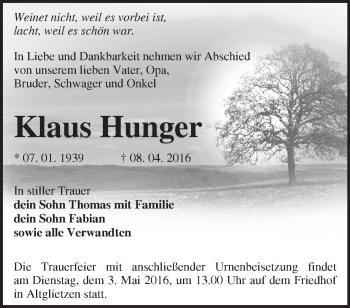 Traueranzeige von Klaus Hunger von Märkische Oderzeitung