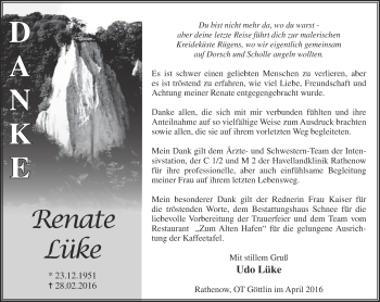 Traueranzeige von Renate Lüke von Märkische Oderzeitung