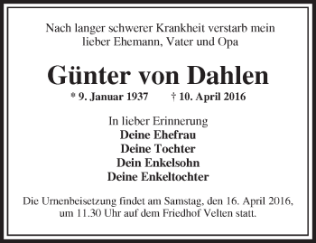 Traueranzeige von Günter von Dahlen von Märkische Oderzeitung