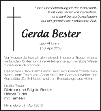 Traueranzeige von Gerda Bester von Märkische Oderzeitung