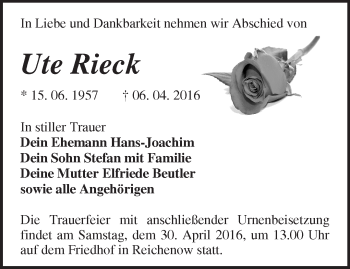 Traueranzeige von Ute Rieck von Märkische Oderzeitung