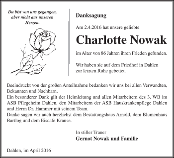 Traueranzeige von Charlotte Nowak von Märkische Oderzeitung