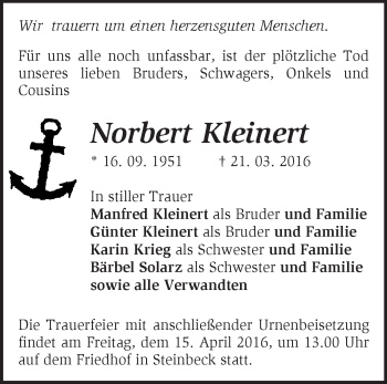 Traueranzeige von Norbert Kleinert von Märkische Oderzeitung