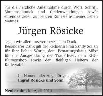 Traueranzeige von Jürgen Rösicke von Märkische Oderzeitung