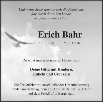 Traueranzeige von Erich Bahr von Märkische Oderzeitung