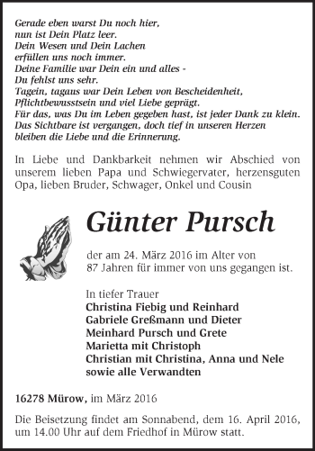 Traueranzeige von Günter Pursch von Märkische Oderzeitung