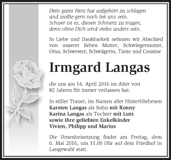 Traueranzeige von Irmgard Langas von Märkische Oderzeitung