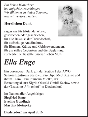 Traueranzeige von Ella Enge von Märkische Oderzeitung