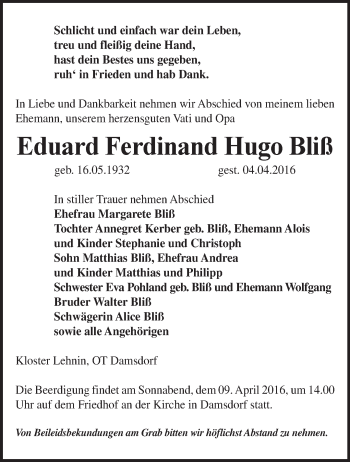 Traueranzeige von Eduard Ferdinand Hugo Bliß von Märkische Oderzeitung