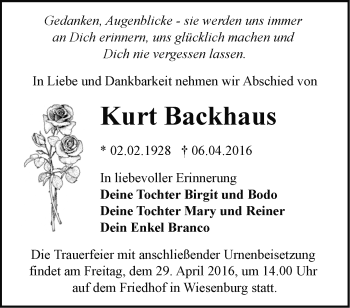 Traueranzeige von Kurt Backhaus von Märkische Oderzeitung