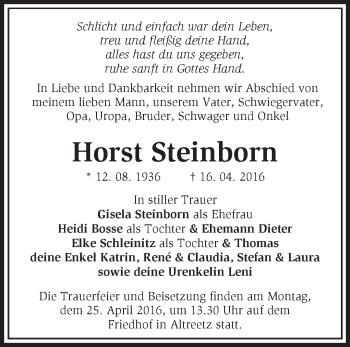 Traueranzeige von Horst Steinborn von Märkische Oderzeitung