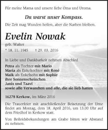 Traueranzeige von Evelin Nowak von Märkische Oderzeitung