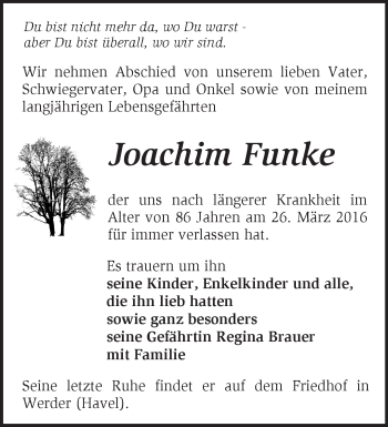 Traueranzeige von Joachim Funke von Märkische Oderzeitung