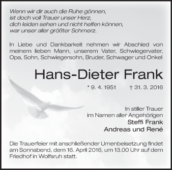 Traueranzeige von Hans-Dieter Frank von Märkische Oderzeitung