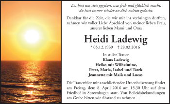 Traueranzeige von Heidi Ladewig von Märkische Oderzeitung