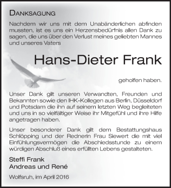 Traueranzeige von Hans-Dieter Frank von Märkische Oderzeitung