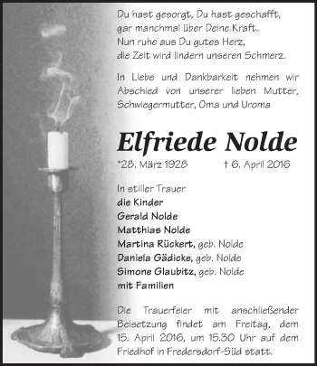 Traueranzeige von Elfriede Nolde von Märkische Oderzeitung