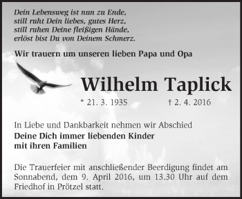 Traueranzeige von Wilhelm Taplick von Märkische Oderzeitung