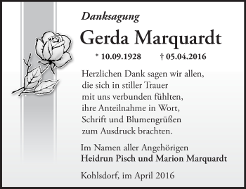 Traueranzeige von Gerda Marquardt von Märkische Oderzeitung