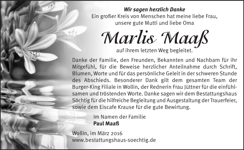  Traueranzeige für Marlis Maaß vom 03.04.2016 aus Märkische Oderzeitung