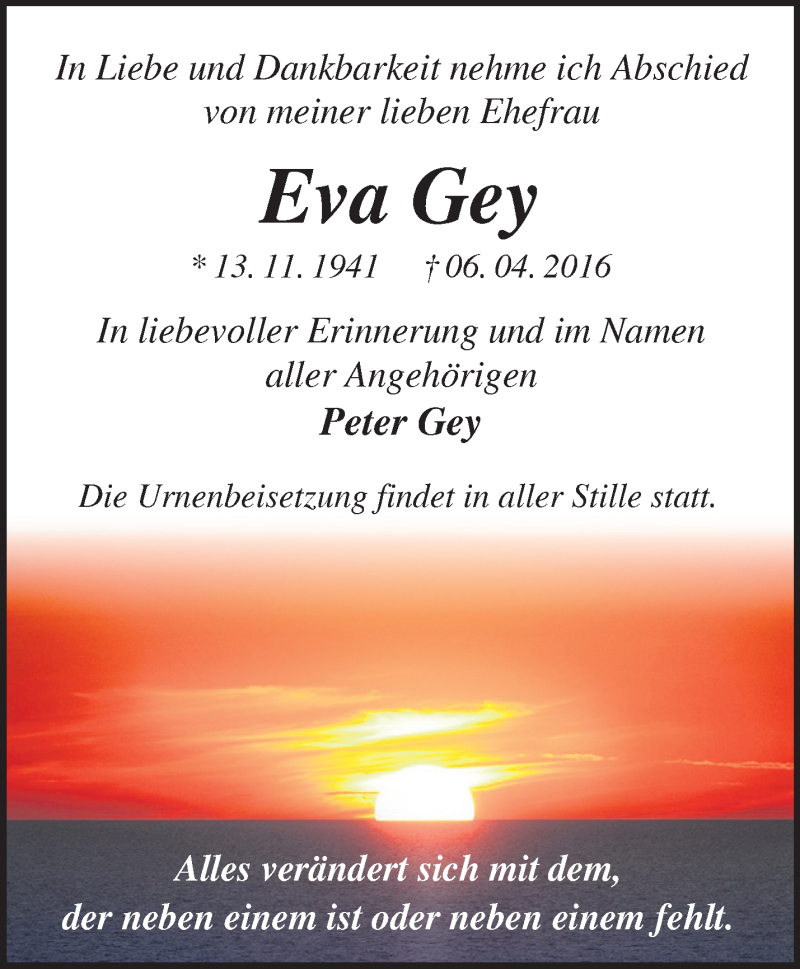  Traueranzeige für Eva Gey vom 17.04.2016 aus Märkische Oderzeitung