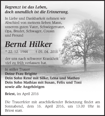 Traueranzeige von Bernd Hilker von Märkische Oderzeitung