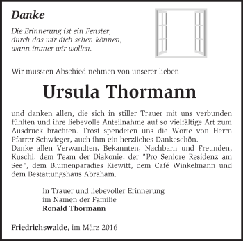 Traueranzeige von Ursula Thormann von Märkische Oderzeitung