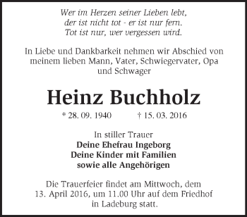 Traueranzeige von Heinz Buchholz von Märkische Oderzeitung