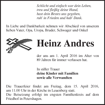 Traueranzeige von Heinz Andres von Märkische Oderzeitung