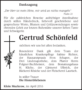 Traueranzeige von Gertrud Schönfeld von Märkische Oderzeitung