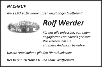 Traueranzeige von Rolf Werder von Märkische Oderzeitung