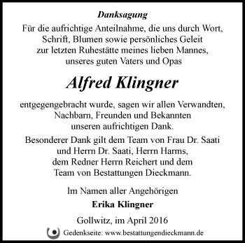 Traueranzeige von Alfred Klingner von Märkische Oderzeitung