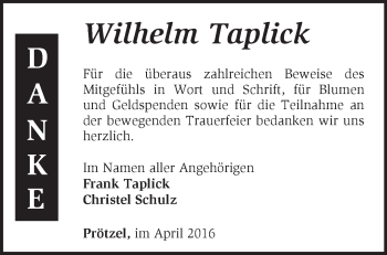 Traueranzeige von Wilhelm Taplick von Märkische Oderzeitung