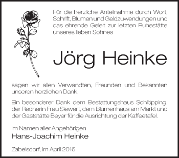 Traueranzeige von Jörg Heinke von Märkische Oderzeitung