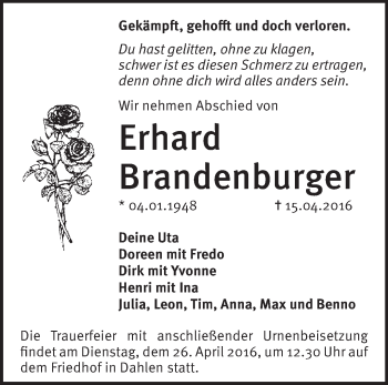 Traueranzeige von Erhard Brandenburger von Märkische Oderzeitung