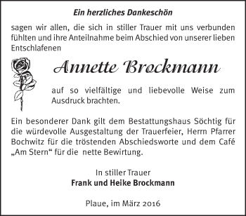 Traueranzeige von Annette Brockmann von Märkische Oderzeitung