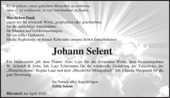 Traueranzeige von Johann Selent von Märkische Oderzeitung