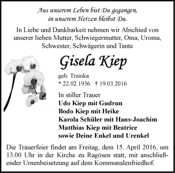 Traueranzeige von Gisela Kiep von Märkische Oderzeitung