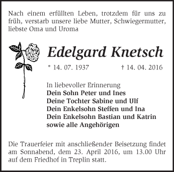 Traueranzeige von Edelgard Knetsch von Märkische Oderzeitung