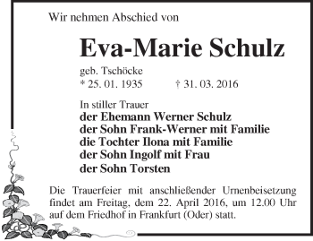 Traueranzeige von Eva-Marie Schulz von Märkische Oderzeitung