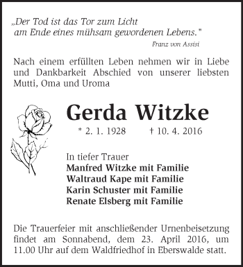 Traueranzeige von Gerda Witzke von Märkische Oderzeitung